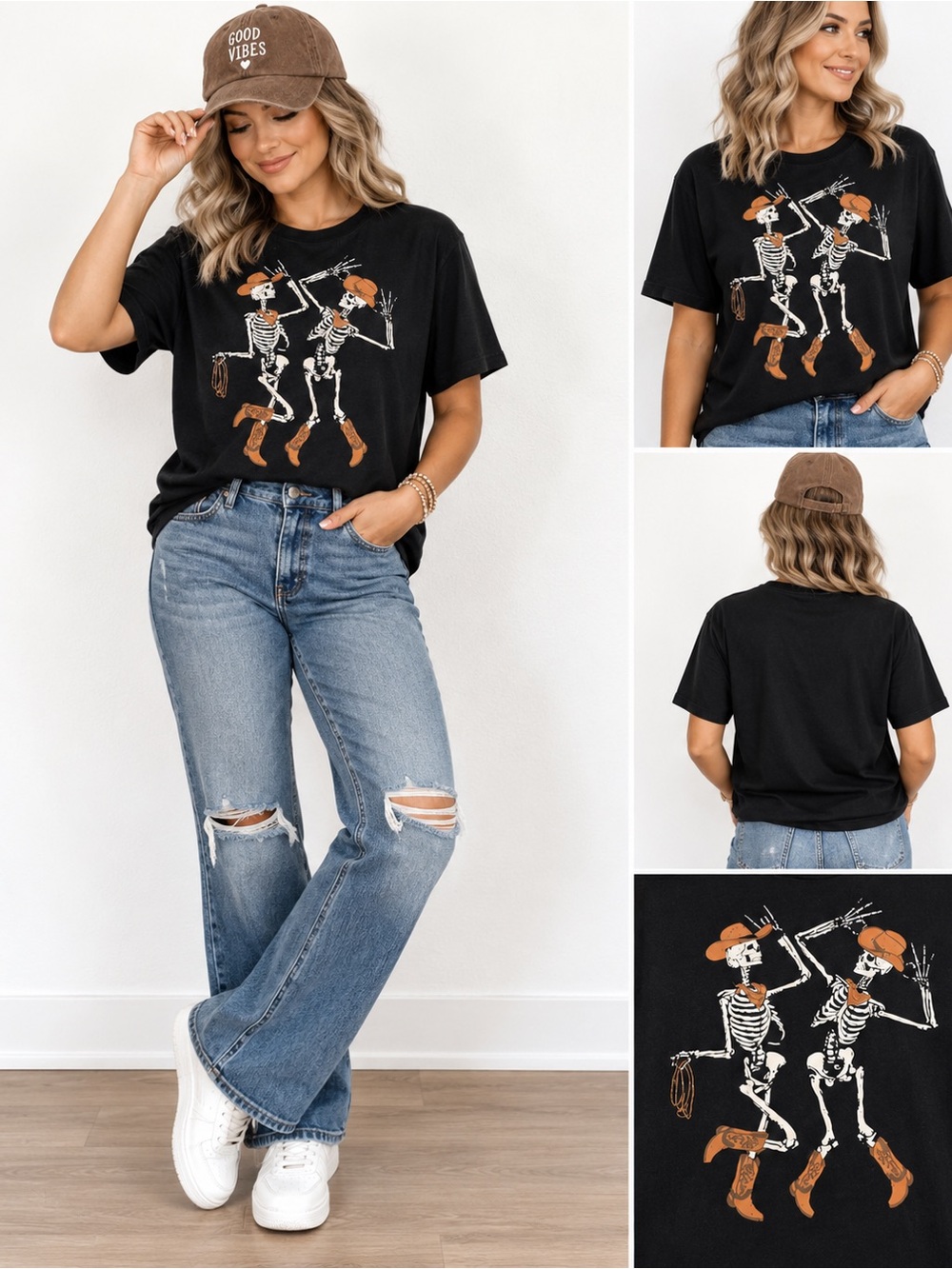 Black Short Sleeve Graphic Tee with Dancing Skeleton Cowgirls